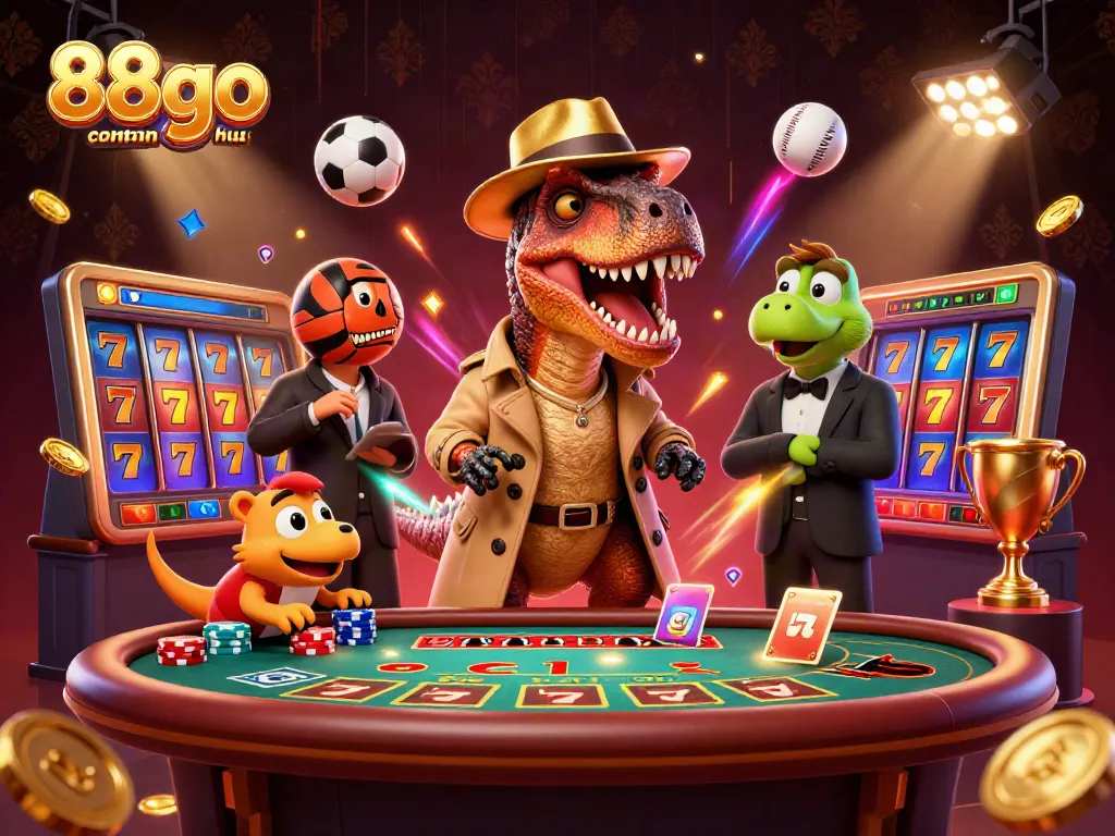 Engage with thrilling action at 88go com trang chủ, featuring a colorful 3D cartoon scene of a velociraptor card counter and casino atmosphere.