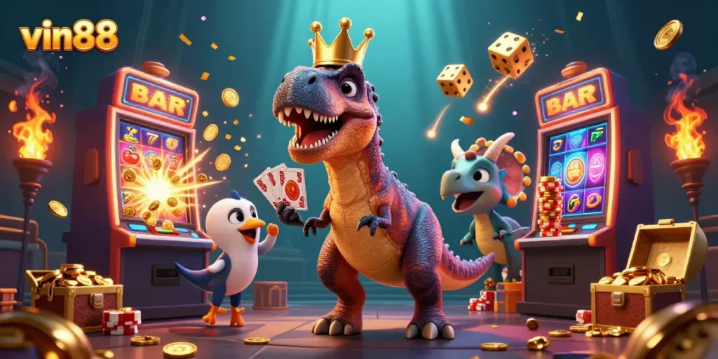 Experience thrilling wins at vin88 with a lively T-Rex and friends in a vibrant casino scene.
