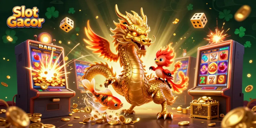 Experience the thrill of Slot Gacor with dynamic illustrations of a golden dragon and vibrant casino symbols.