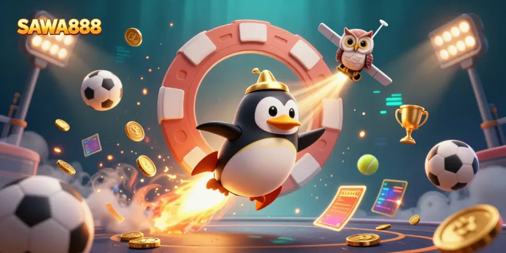 Experience winning moments with SAWA888 as a golden penguin flies to a casino station surrounded by sports elements.