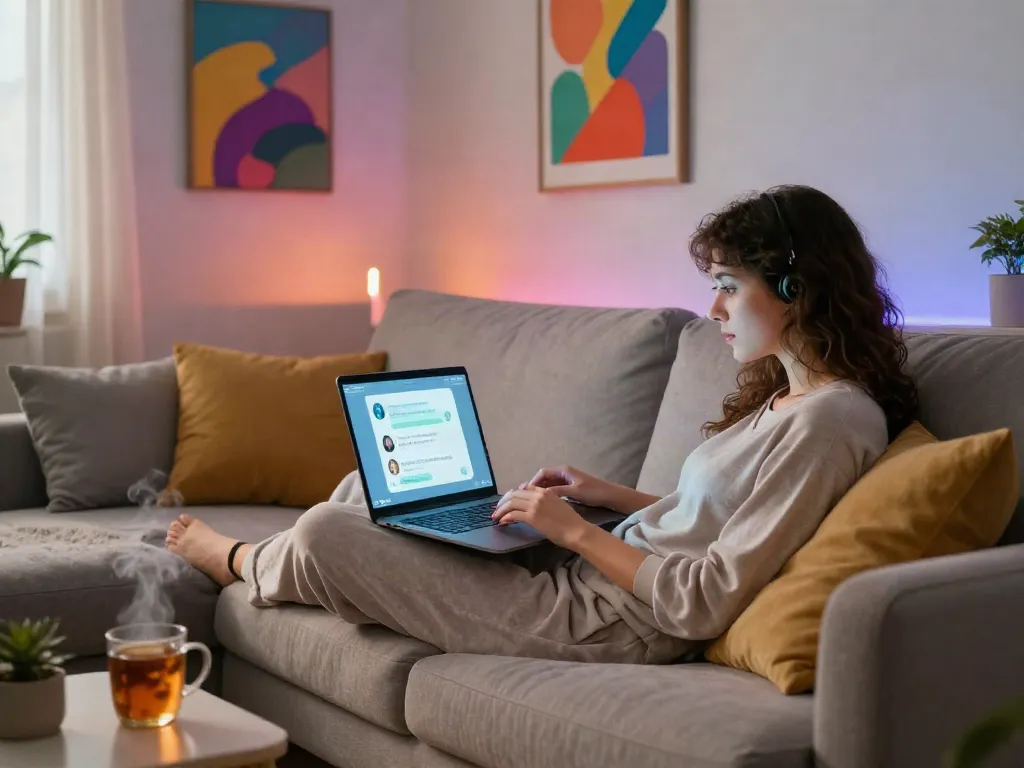 Engaging in horny AI chat on a modern laptop in a cozy home setting.