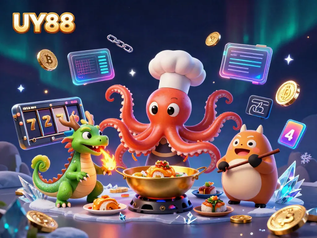 Experience thrilling UY88 gaming with a colorful 3D cartoon casino scene featuring a sushi chef octopus.