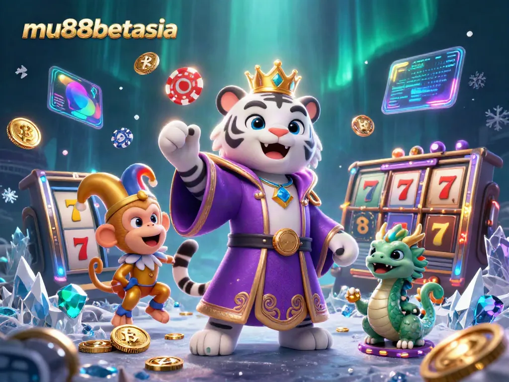 Experience a lively scene with a whimsical white tiger and monkey in a casino setting, reflecting mu88betasia's vibrant gaming atmosphere.