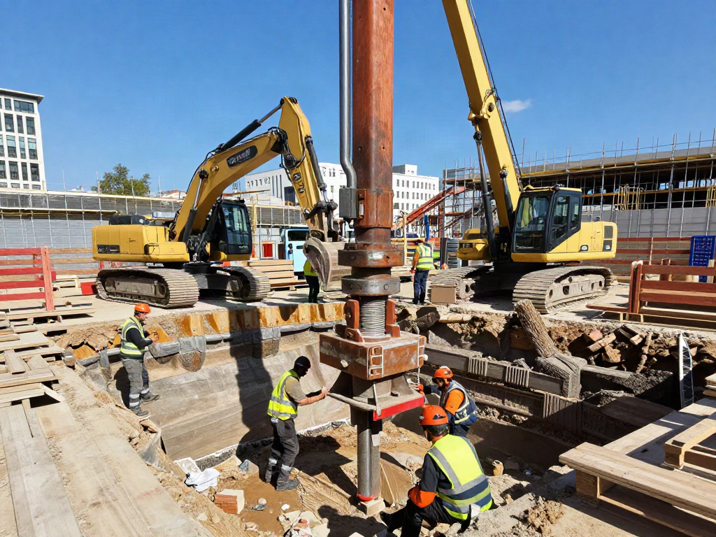 Baugrubensicherung Wien während eines dynamischen Rammprozesses mit Arbeitern und Maschinen.