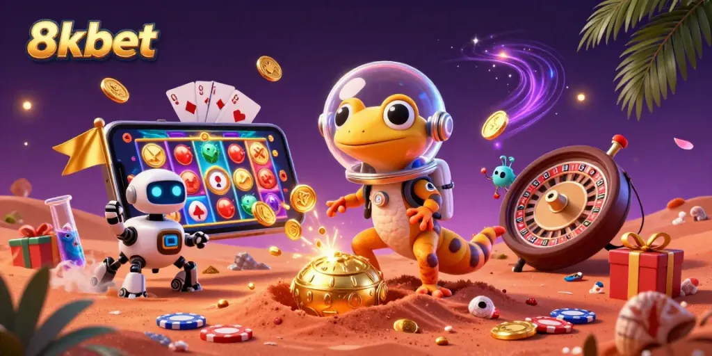 Experience the excitement of 8xbet with a cartoon Martian gecko uncovering a hidden casino on Mars.