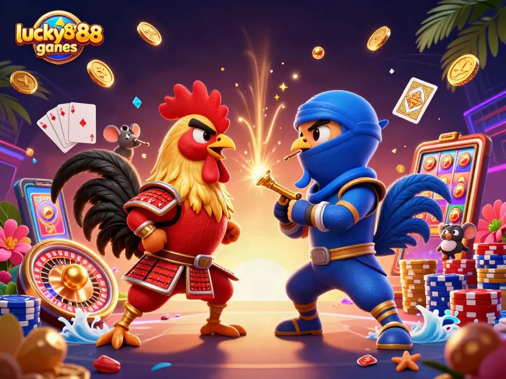 Engage in thrilling matchups at lucky88games with dynamic casino elements in a vibrant scene.