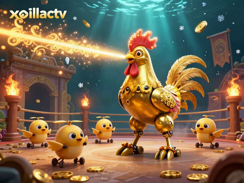 Xoilactv showcases a colorful scene with a golden rooster robot and chick drones, capturing the energy of live betting.