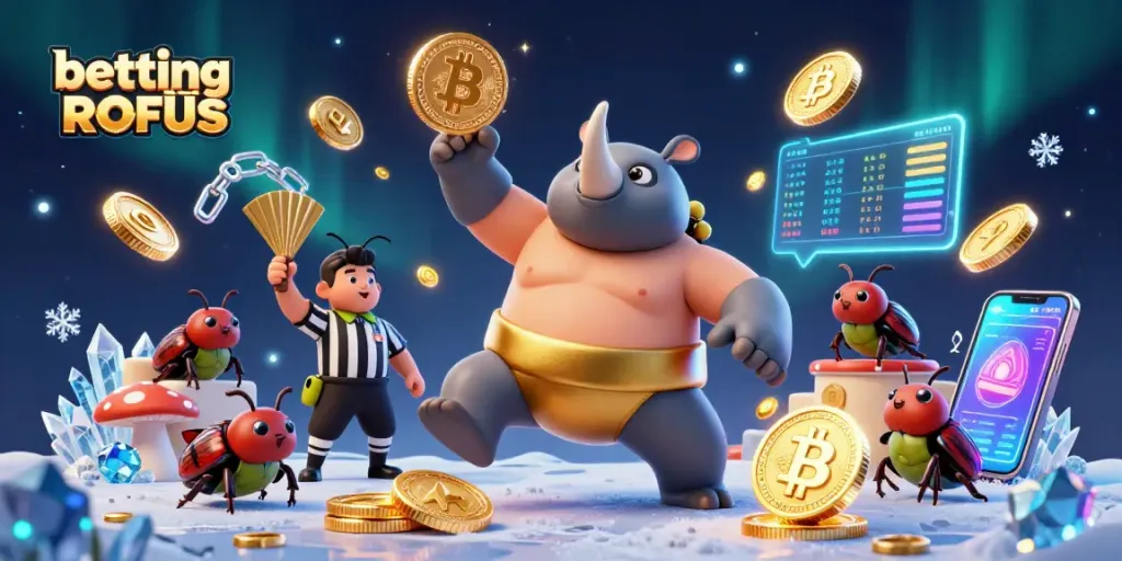 Place bets and win big with betting uden ROFUS as characters celebrate in vibrant 3D illustration.
