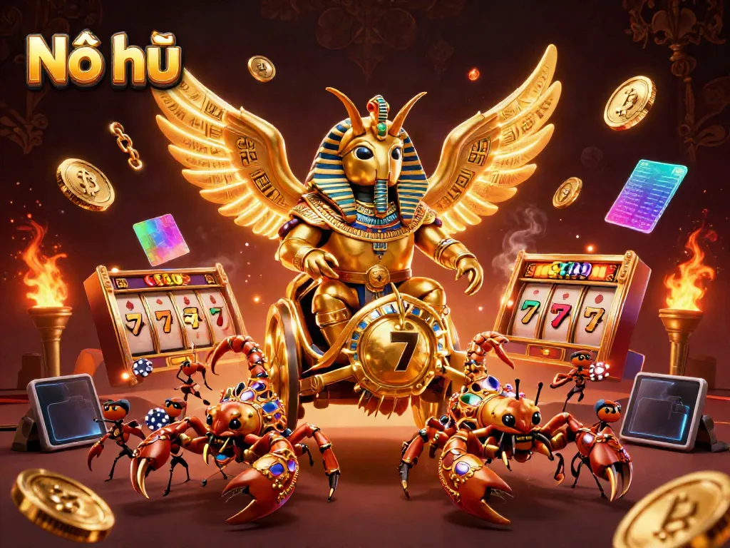 Nổ hũ themed illustration with a golden scarab beetle and scorpions, surrounded by slot game elements and crypto coins.