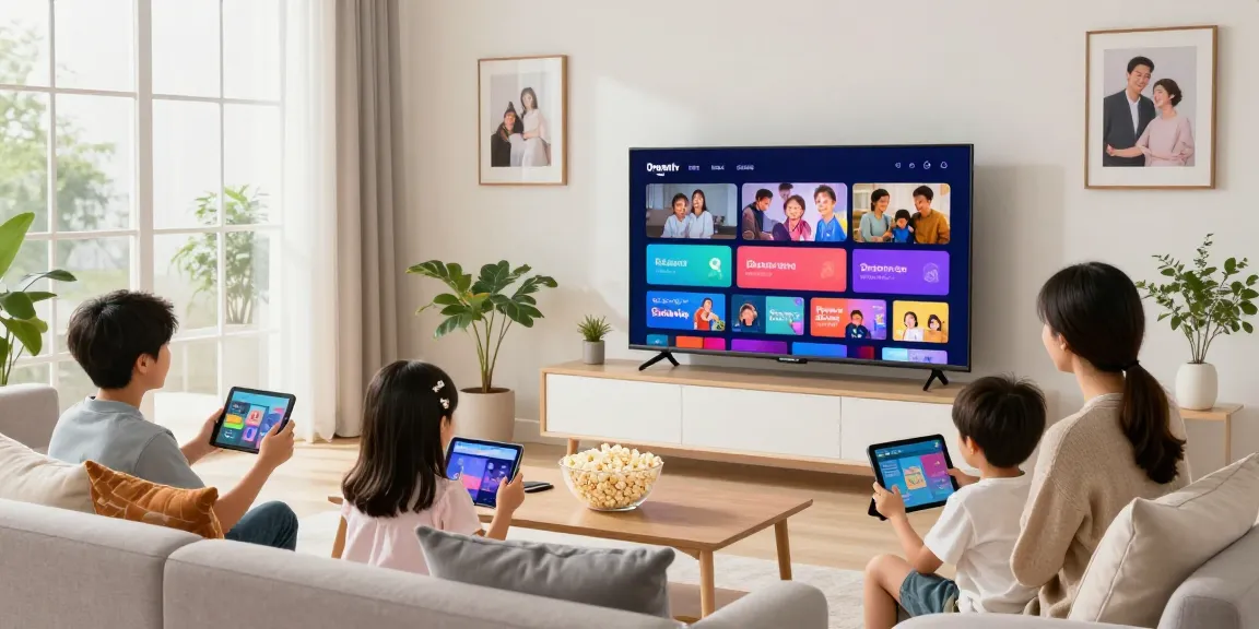 Die Familie genießt Dreamtv iptv in einem modernen Wohnzimmer mit Smart TV und Spielzeug.
