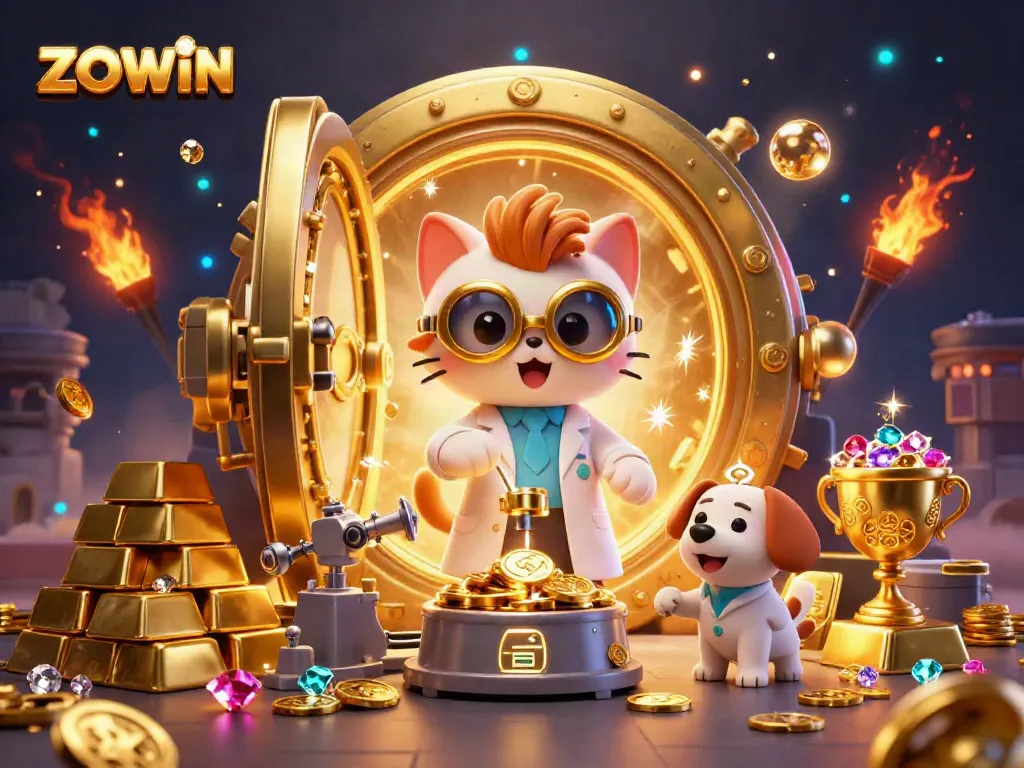 ZOWIN's interactive gaming experience featuring a mad scientist cat and a loyal dog amidst golden treasures.