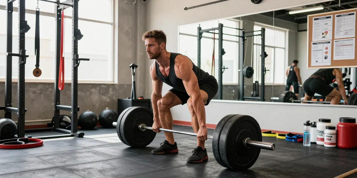 Bodybuilder in the Anabolika Shop gym engaging in deadlifts amidst equipment and supplements, showcasing fitness dedication.