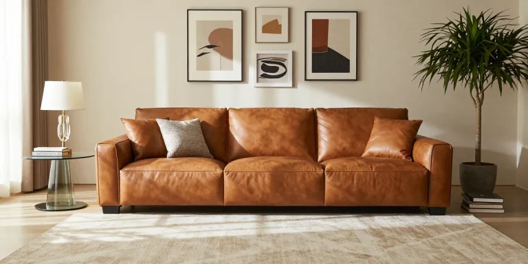 Baxter Ledersofa in einem eleganten Wohnzimmer-Setting mit modernem Dekor und warmem Licht.