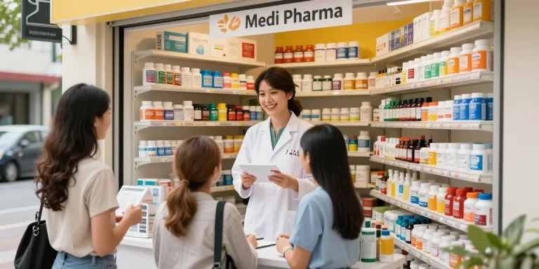 Fesselnde Szene im Medi Pharma Shop mit Kunden, die Gesundheitsprodukte auswählen.