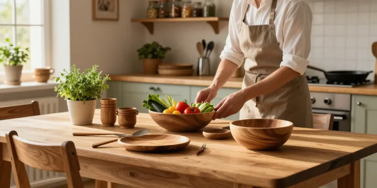 Handgefertigte Topfuntersetzer aus Holz, elegant in einer rustikalen Küche präsentiert, die die warme Kochatmosphäre mit Akazienholz-Elementen verbessern.