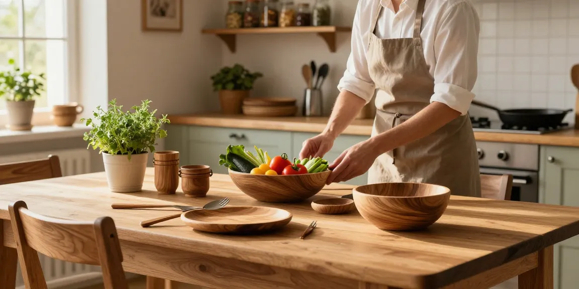 Handgefertigte Topfuntersetzer aus Holz, elegant in einer rustikalen Küche präsentiert, die die warme Kochatmosphäre mit Akazienholz-Elementen verbessern.