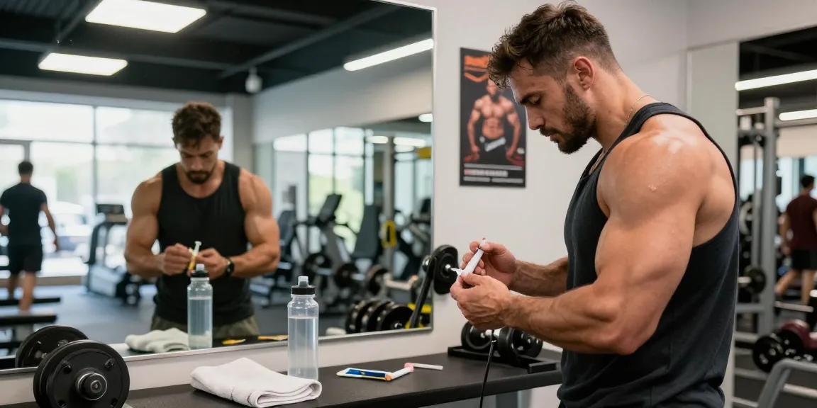 Anabolika Shop: Bodybuilder preparing for steroid injection in a dynamic gym setting.