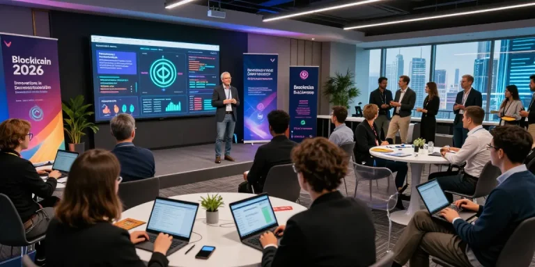 Blockchain 2026 conference scene showcasing discussions on innovative technology and networking among industry leaders.