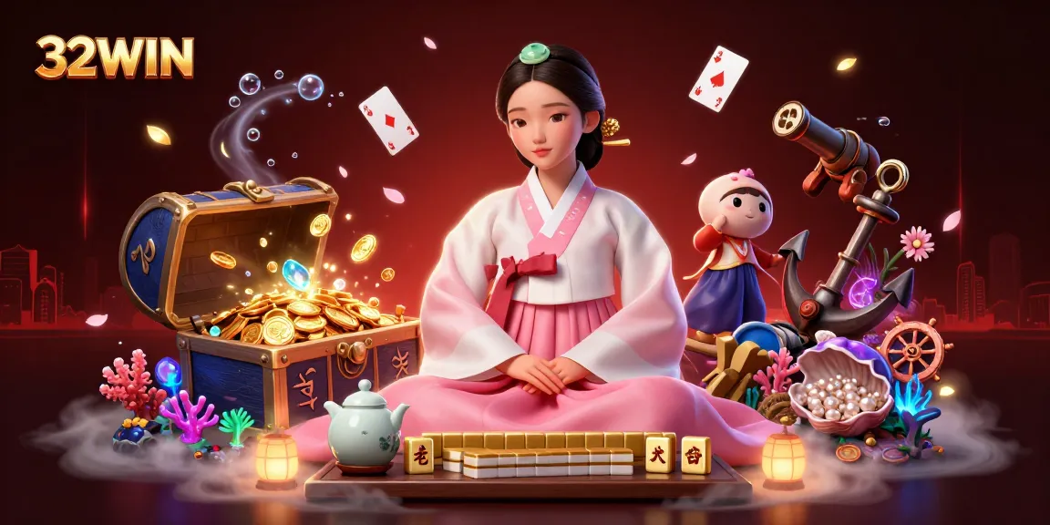32WIN highlights the elegance of Asian culture amid vibrant casino elements and treasure in 3D.