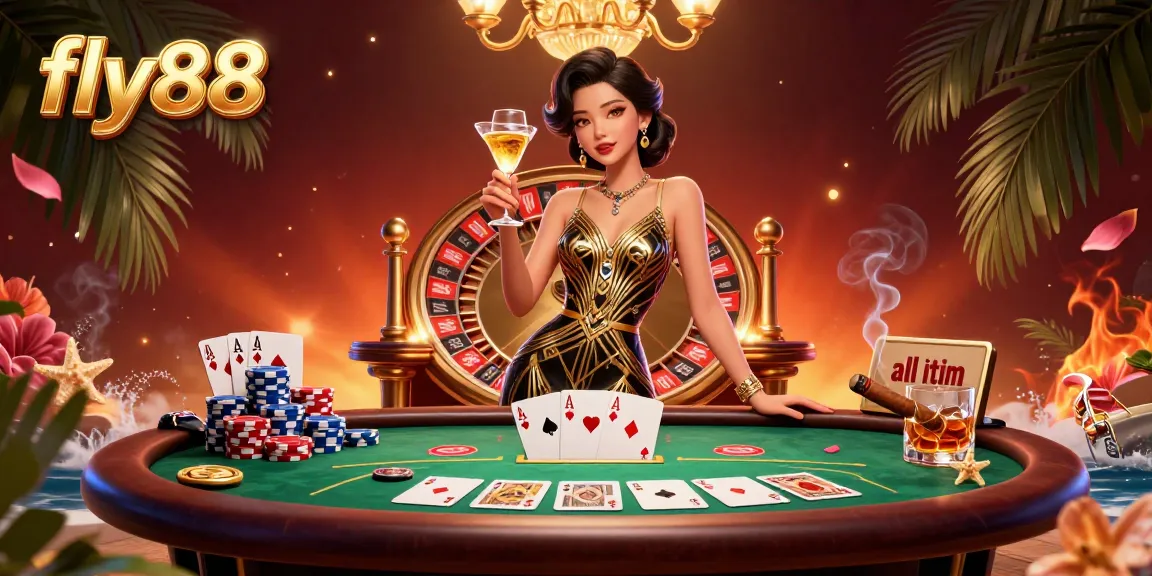 Experience the thrilling atmosphere of fly88 with an elegant Asian woman at a vintage casino table.