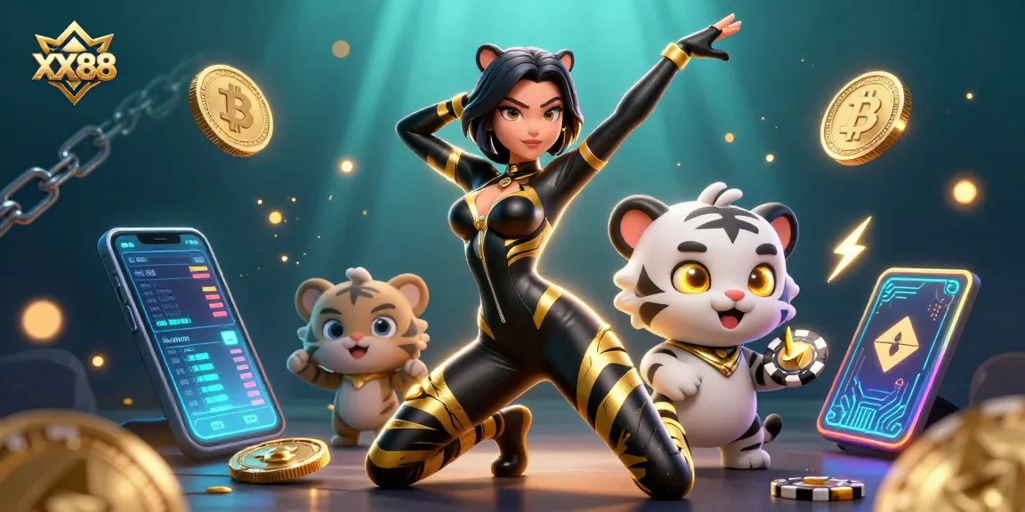 Join the excitement at XX88 with thrilling betting action as a stunning woman and a playful baby tiger engage in a poker game.