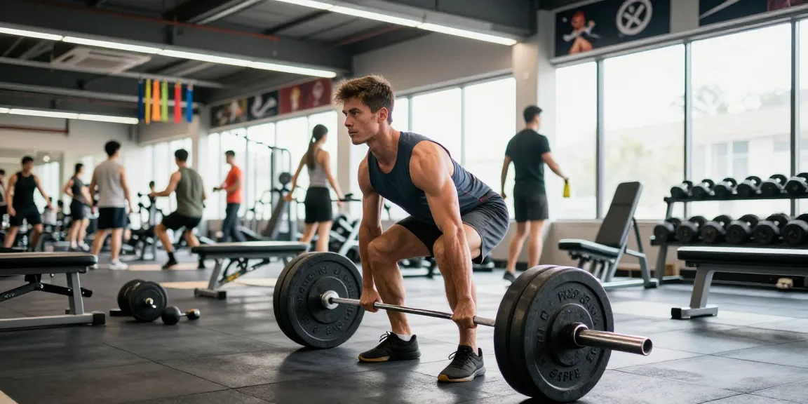 Mächtiger Bodybuilder hebt Gewichte im Anabolika Shop Deutschland und zeigt eine lebendige Fitnessumgebung.