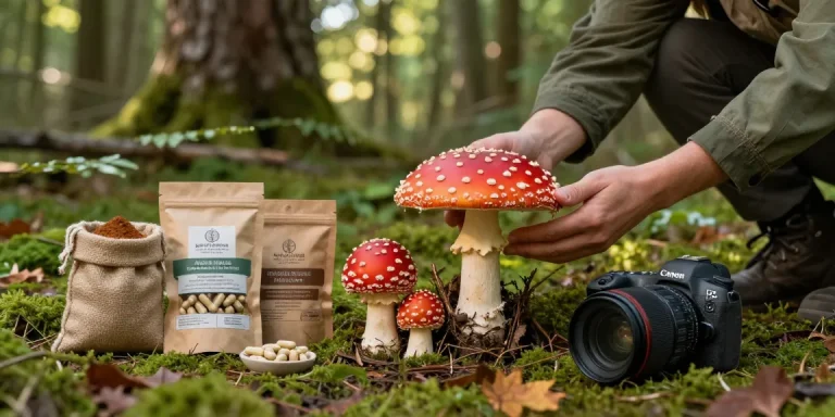 Amanita muscaria kaufen in einer ruhigen Waldumgebung mit lebhaften Pilzen und natürlichen Wellness-Produkten präsentiert.