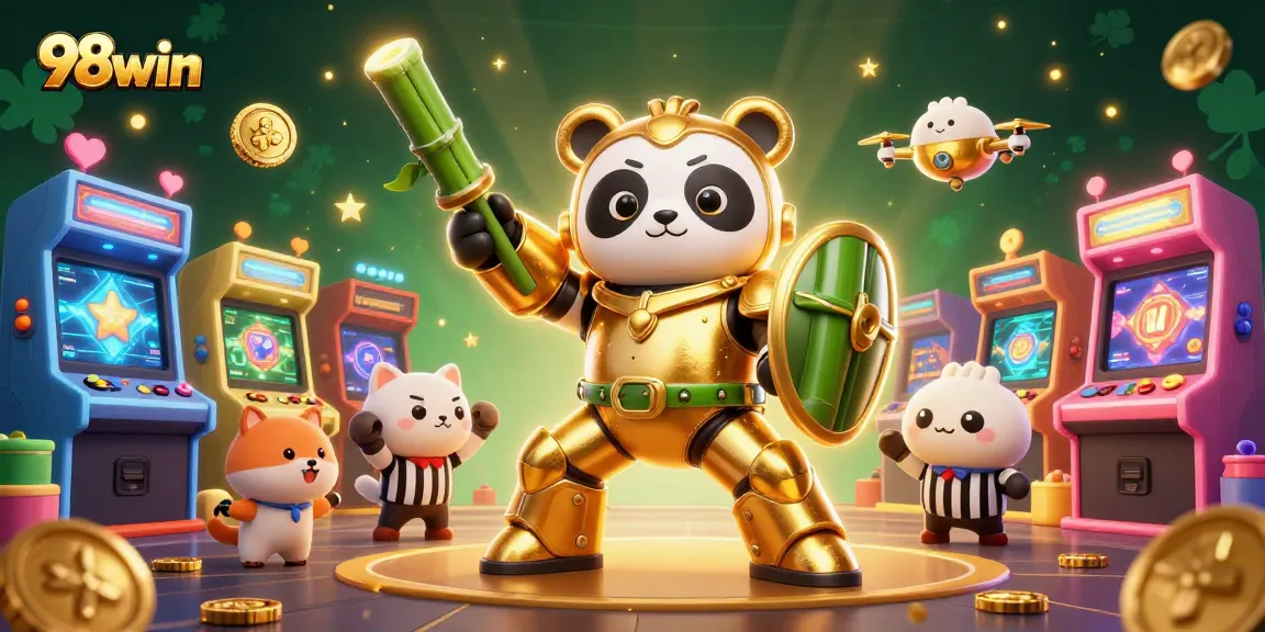 Engage in thrilling 98win gaming with a golden panda mech robot amidst arcade machines and casino elements.