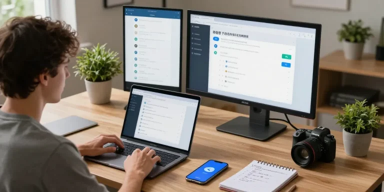 Configuring Telegram Chinese settings in a modern home office with laptop and smartphone.