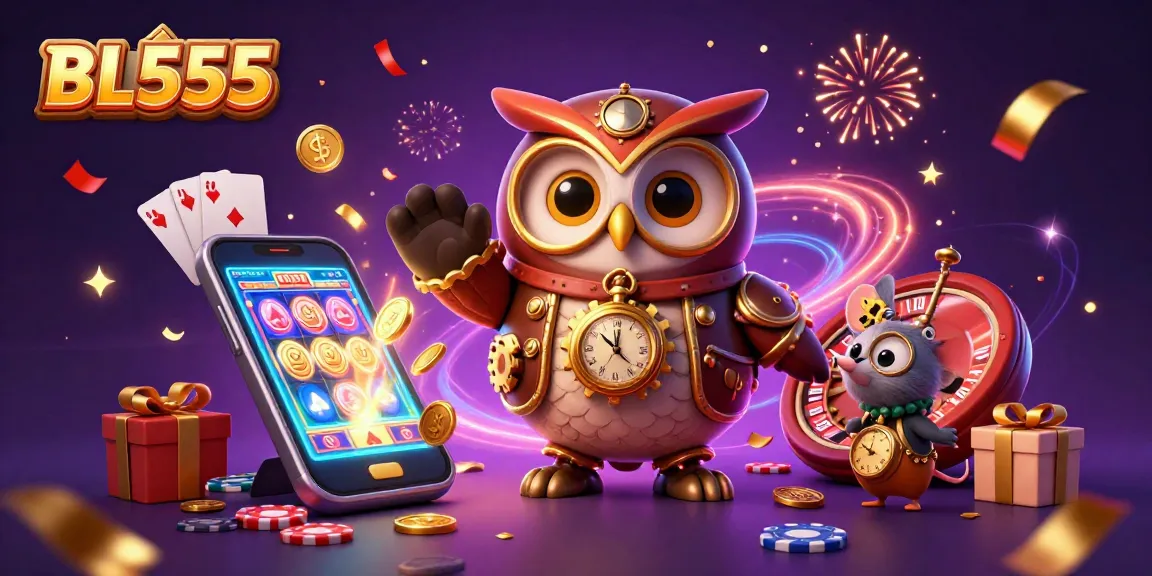 Experience thrilling gambling action at BL555 with a vibrant illustration featuring a time-traveling owl and festive casino elements.