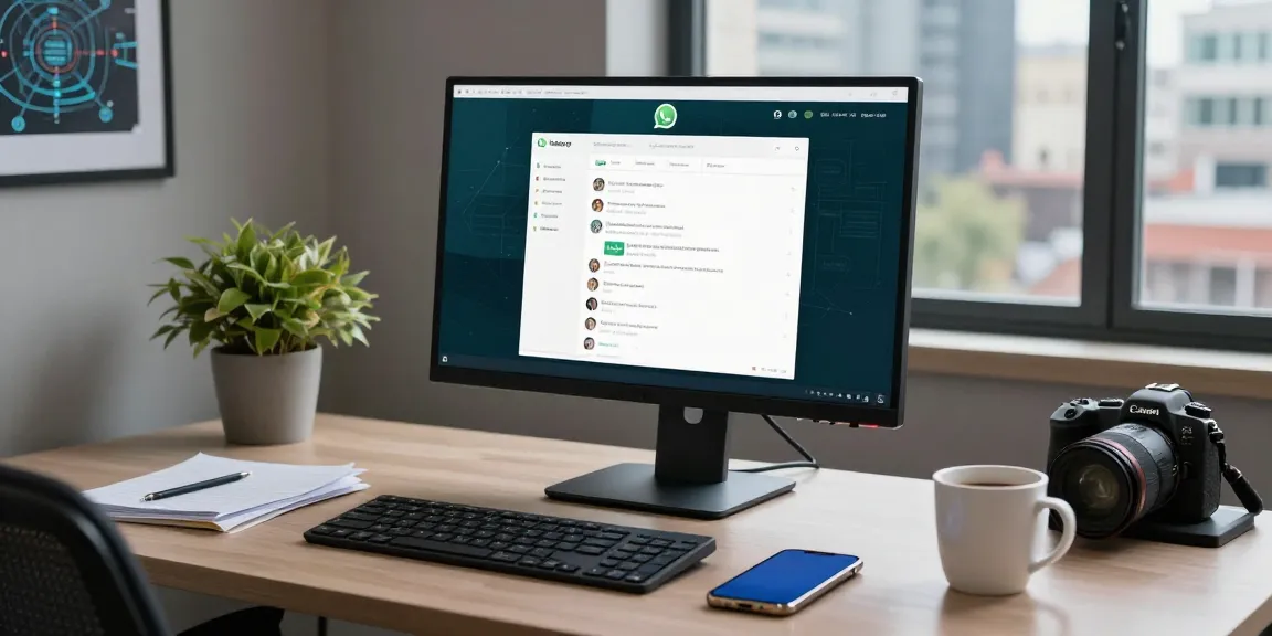 User engaged with WhatsApp電腦版 on a sleek modern desktop setup with city view.