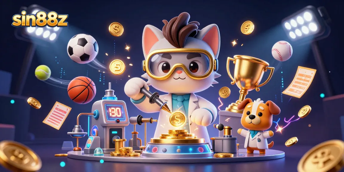 Engage with sin88z in an exciting 3D casino scene featuring mad scientist elements and sports themes.