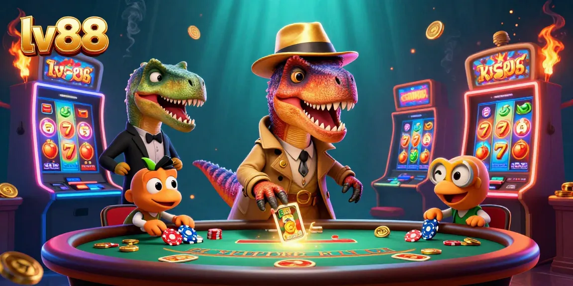 Experience thrilling gaming action at lv88 with cartoon dinosaur characters at a vibrant casino scene.