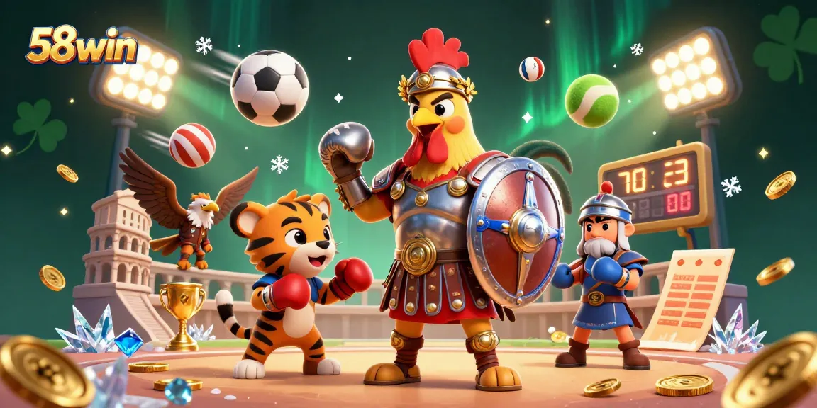 Bet on thrilling games at 58win with a vibrant 3D gladiator rooster and immersive sports elements.