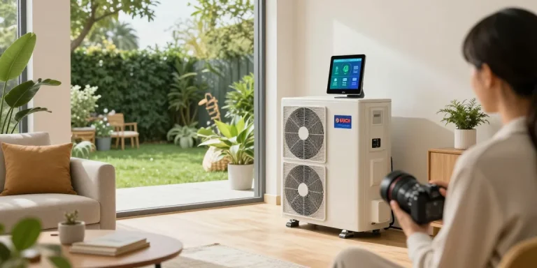 Homeowner reviewing energy data on a wärmepumpe bosch in a bright, modern living room.