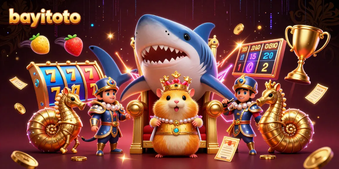 Experience bayitoto's thrilling jackpot action with vibrant slot elements and a majestic hamster king at the center.
