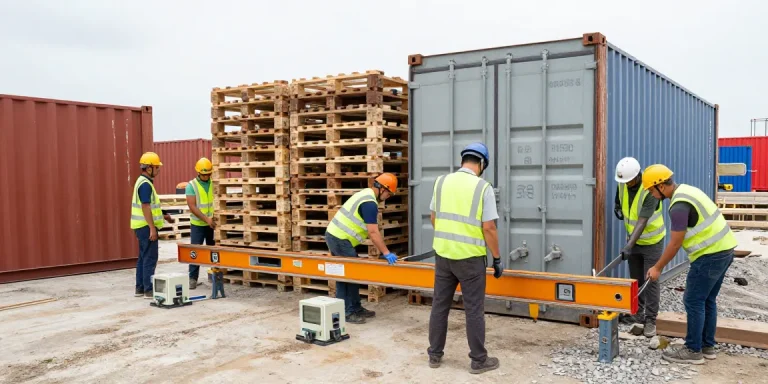 Höhenausgleich für Container auf Baustelle mit Arbeitern und Werkzeugen für präzise Anpassungen.