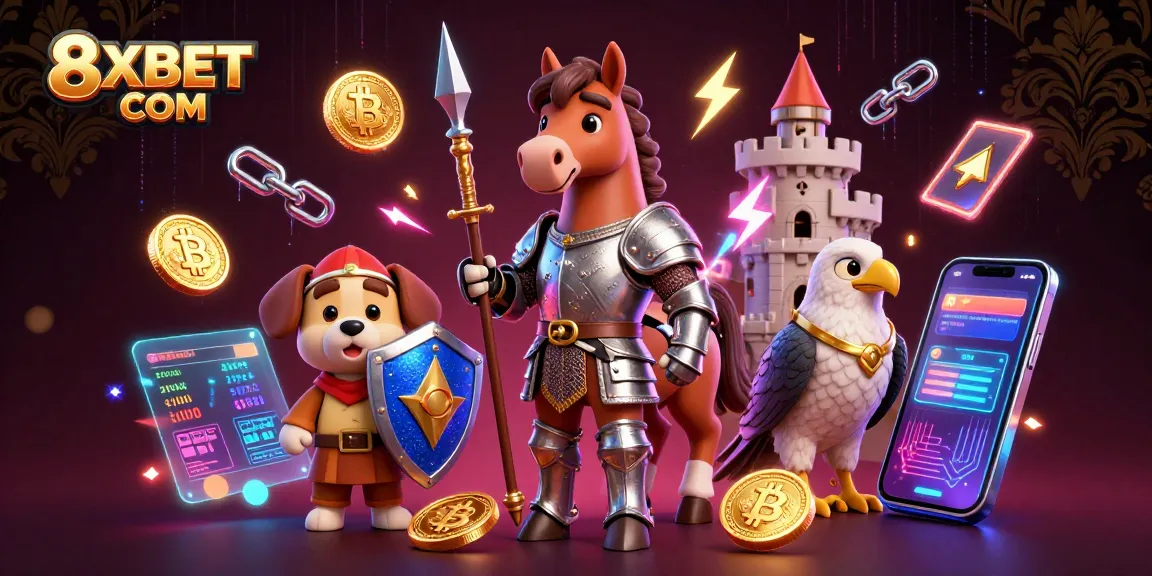 Engage in thrilling action with 8XBET COM while admiring cartoon knights and crypto elements.