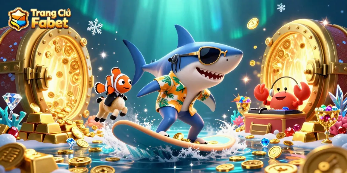 Engage with Trang Chủ Fabet's vibrant casino scene featuring a shark and dazzling treasure.