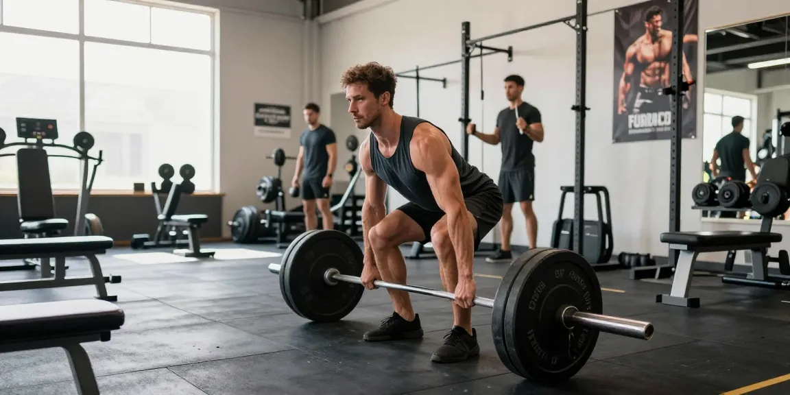 Anabolika Shop mit Bodybuilder, der konzentriert im Fitnessstudio trainiert und Langhantel hebt.