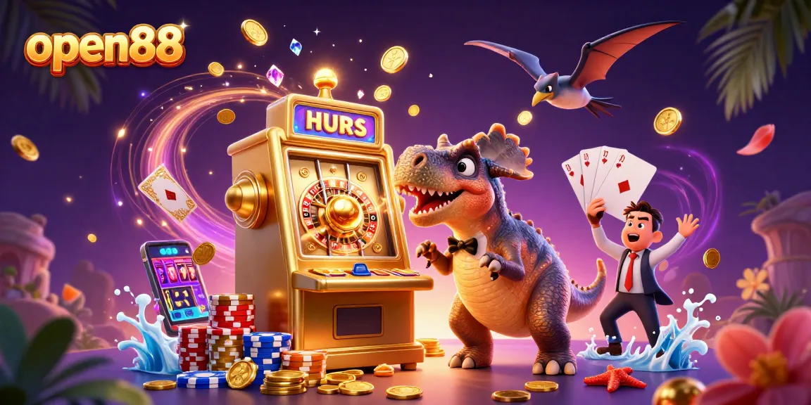 Experience the thrill of open88 with dynamic 3D cartoon characters celebrating a jackpot payout at a vibrant casino.