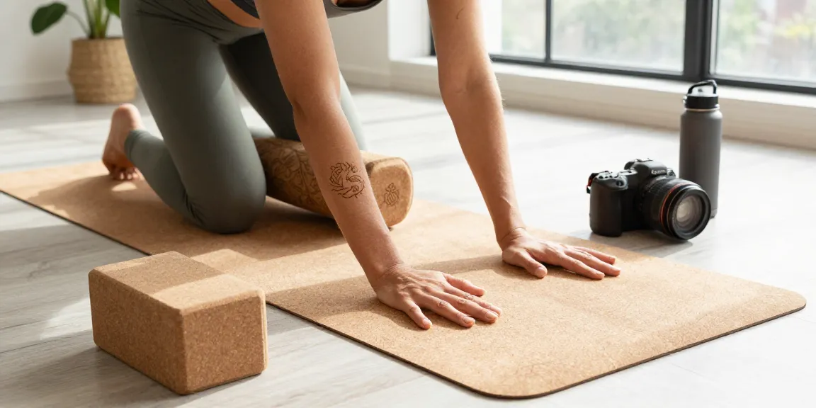 Practicing yoga on a personalized Yogamatte Set mit Block in a bright studio, surrounded by natural light and greenery.