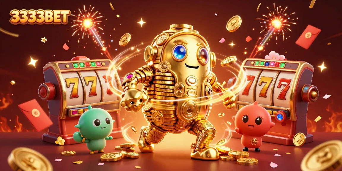 Experience the thrilling 3333BET casino world with a golden golem amidst lively gaming elements.