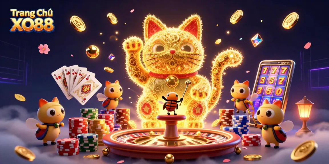 Engage with the exciting world of Trang Chủ XO88 featuring a colorful lucky cat and casino symbols.