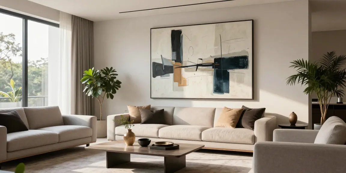 Moderne Wandbilder in stylischem Wohnzimmer mit minimalistischer Einrichtung.