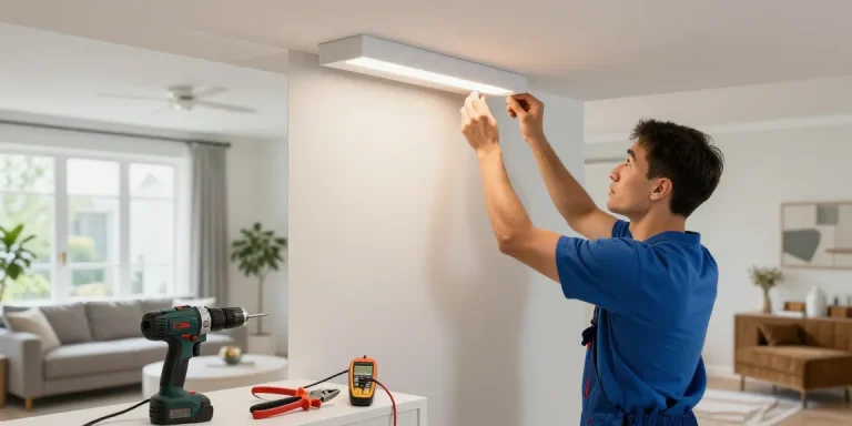 Elektriker Dortmund installiert stilvolle LED-Leuchten in modernem Wohnzimmer für optimale Elektroinstallation.