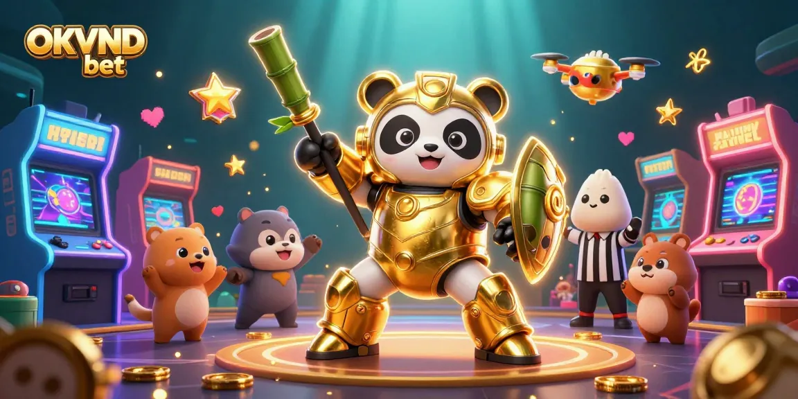 Join the excitement with OKVND bet in a vibrant gaming arena featuring dynamic characters and colorful casino elements.