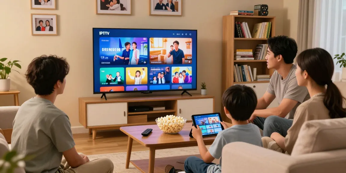 Familie beim IPTV kaufen: Wohnzimmer mit 4K Smart TV, lebhafte Atmosphäre.