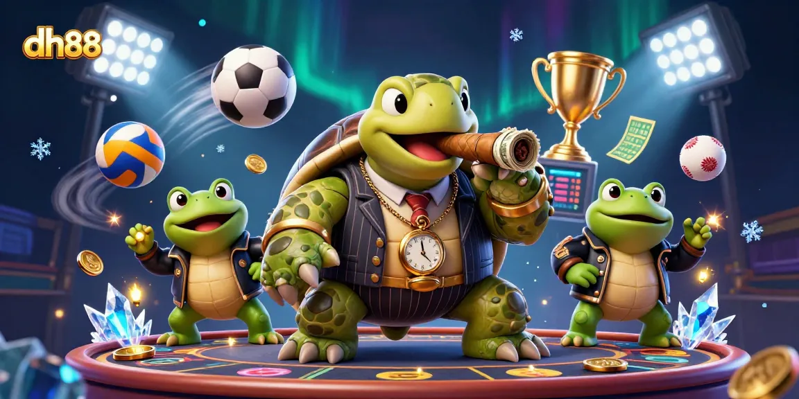 dh88 players enjoying a vibrant casino atmosphere with a turtle mobster and bullfrog enforcers.