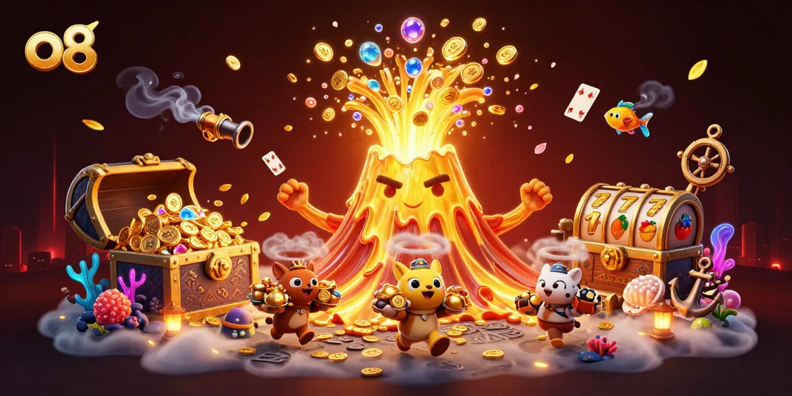 Experience the thrill of o8 with a vibrant casino scene filled with a golden volcano and treasures.